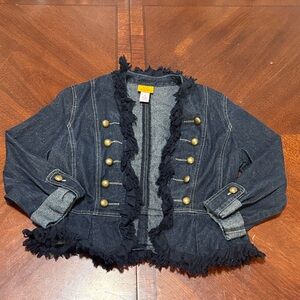 Ruby Rd. Dark Blue Fringed Military-Style Denim Jacket